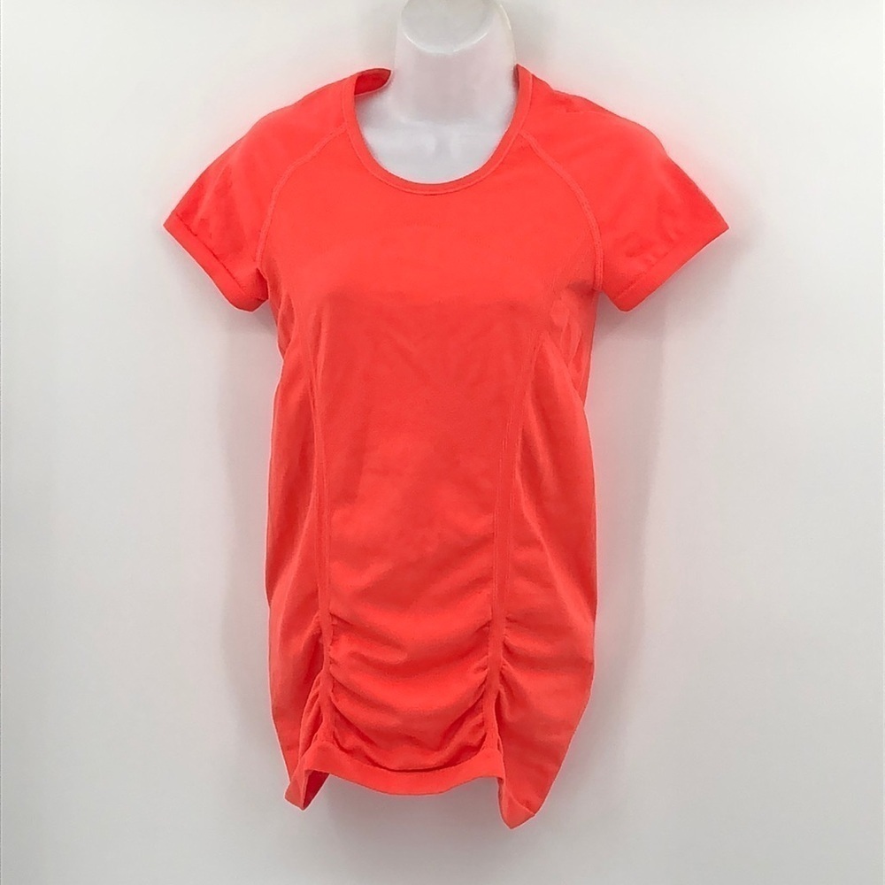 Athleta Fastest Track Short Sleeved Tee Orange Ruched Top Size S Style#438563